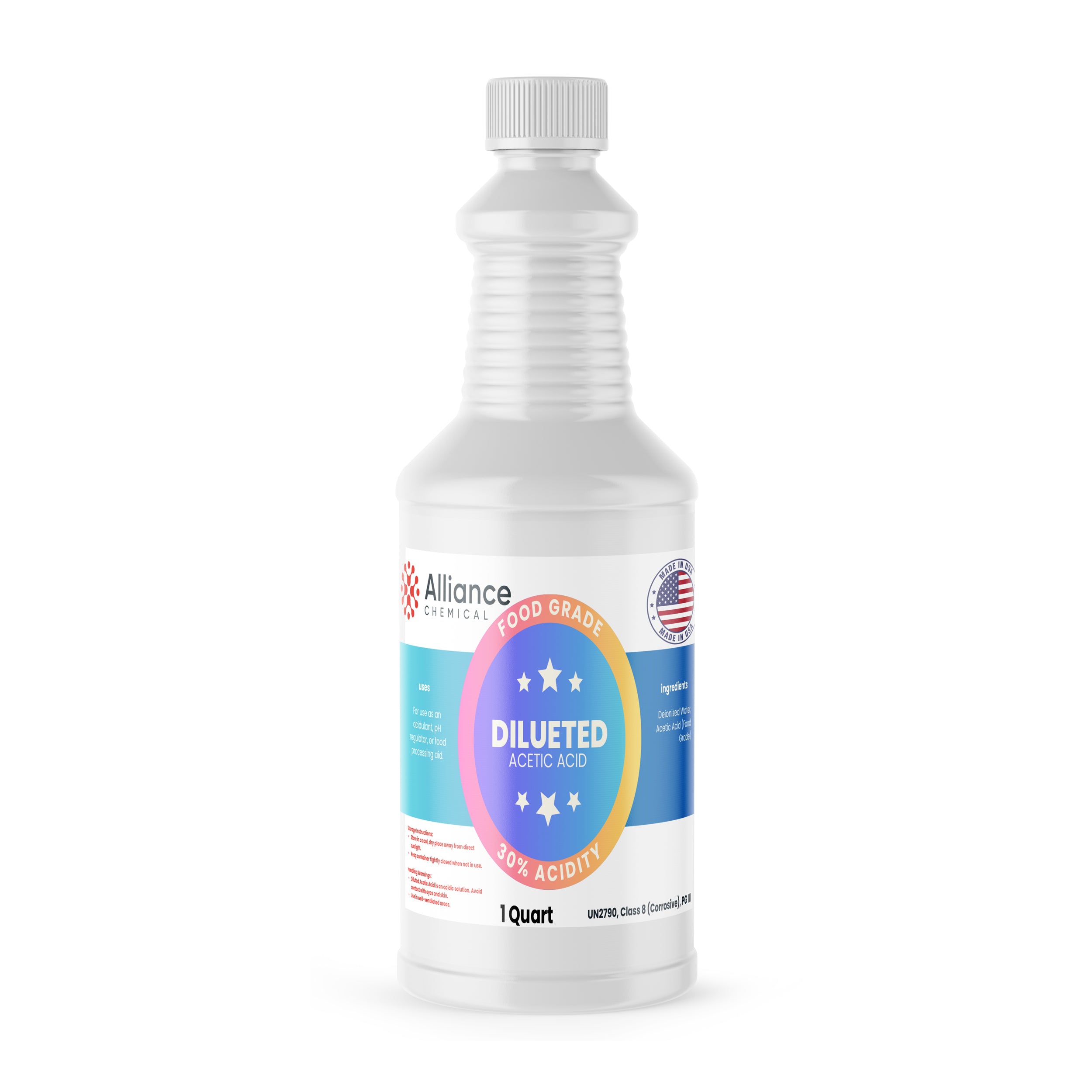 Alliance Chemical 30% diluted acetic acid food grade in clear 1-quart plastic bottle with screw cap
